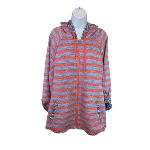 Ruby Rd. Woman 1X Striped Hoodie Jacket Coral Blue Textured Zip Up Boho Cozy